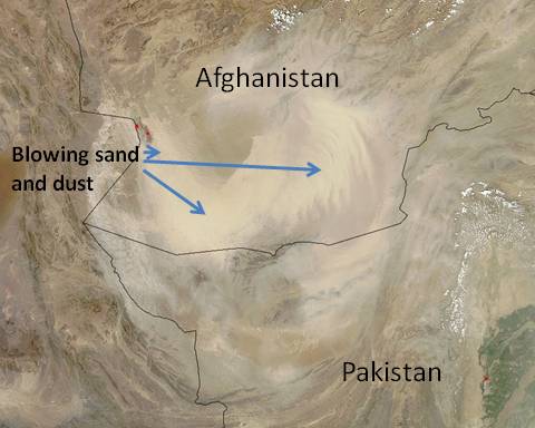 satellite image of a sandstorm in Afghanistan and Pakistan on August 24, 2010
