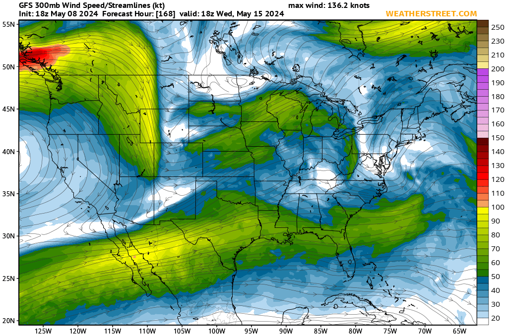 Jet Stream Winds at 300 mb (~30,000 ft) (GFS 10-day Forecast)