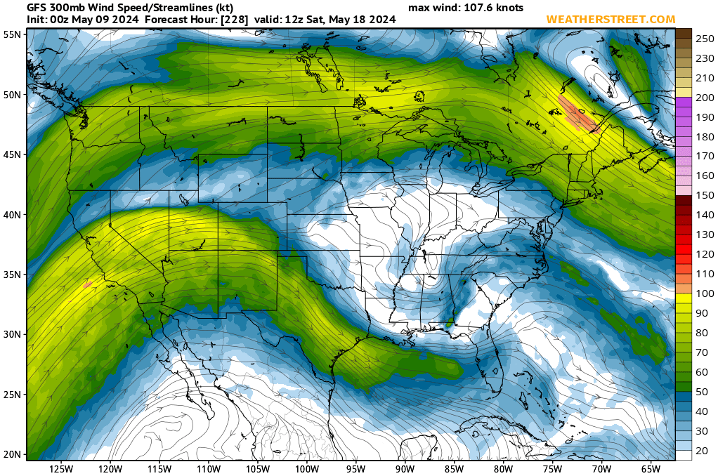 Jet Stream Winds at 300 mb (~30,000 ft) (GFS 10-day Forecast)
