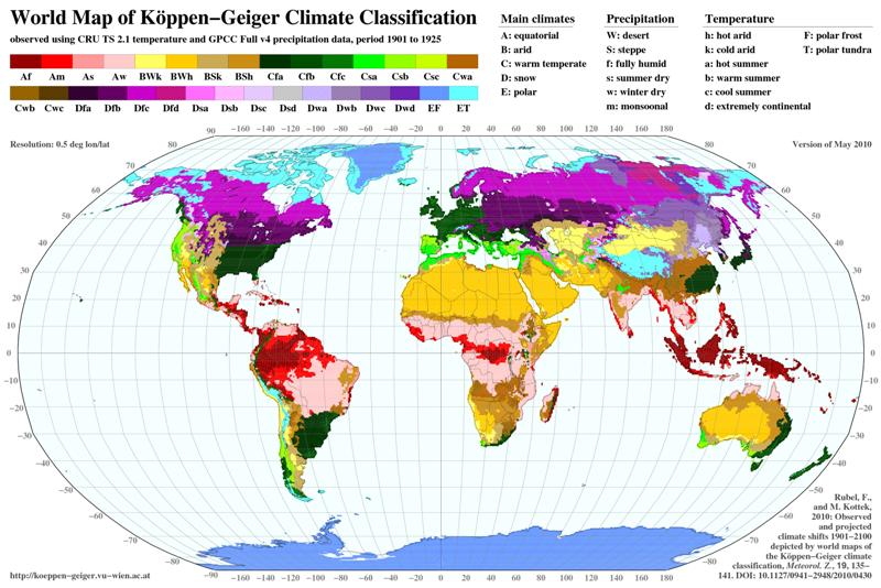 Koeppen-Geiger world climate zone classifications based upon 1901-1925 precipitation data