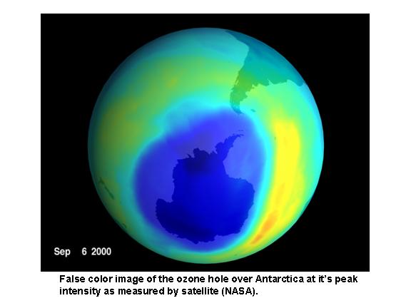 false-color image of the ozone hole observed by satellite over Antarctica (NASA)